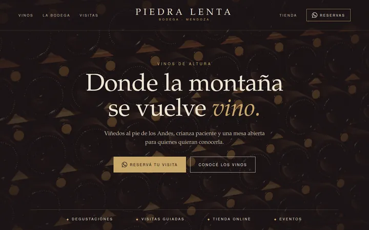 Demo de página para una bodega de Mendoza: estilo elegante en bordó y dorado, con una cava de botellas de fondo y botón para reservar la visita.