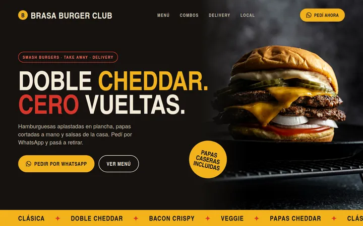 Demo de página para una hamburguesería: fondo oscuro, titular grande en amarillo y rojo, la foto de una hamburguesa doble con cheddar y botón para pedir por WhatsApp.