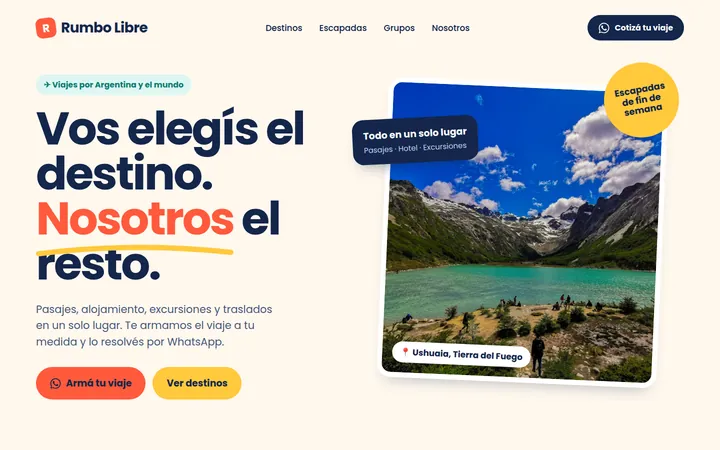 Demo de página para una agencia de turismo: estilo colorido con la foto de una laguna turquesa en Ushuaia y botón para armar el viaje por WhatsApp.